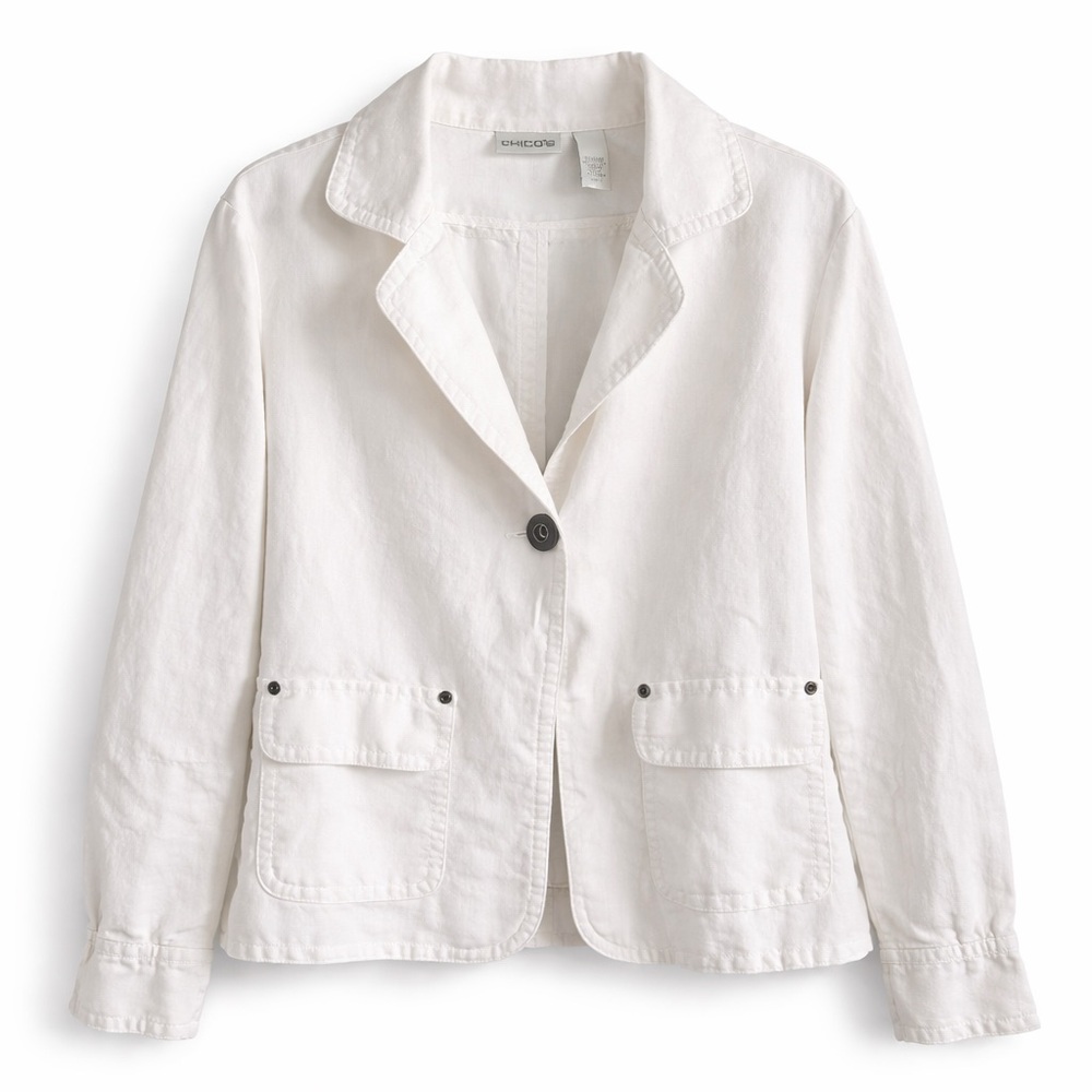 Chico’s White Linen Blend Utility Jacket Blazer Size 1 (M) Lightweight